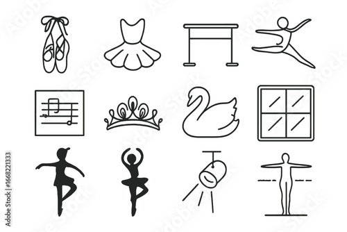 Ballet Icon Set. Outline icon set of ballet symbols: pointe shoes, tutu, bar, grand jeté, music sheet, tiara,