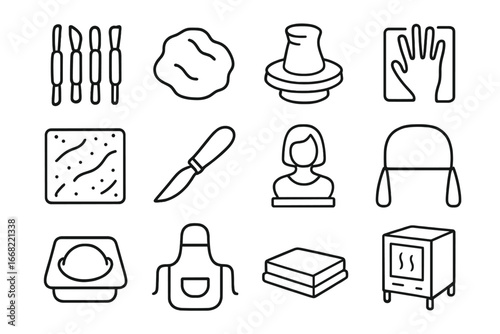 Sculpting Icon Set. Outline icon set of sculpting for emotional release: sculpting tools, lump of clay, potter
