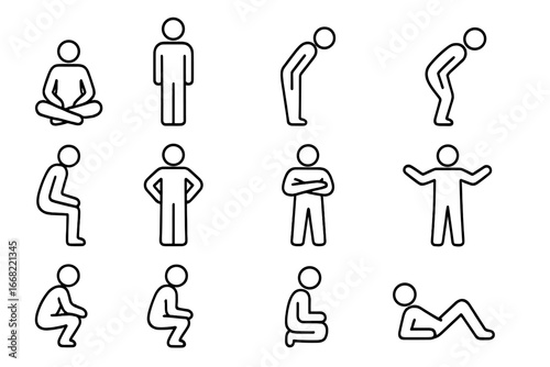 Posture Icon Grid. Outline icon set of posture in communication: sitting cross-legged, standing straight,