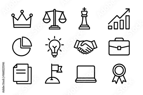 Power Dynamics Icons. Outline icon set of power dynamics: crown, balance scale, chess piece, arrow growth, pie