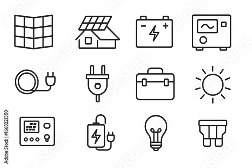 Portable Solar Kit Icons. Outline icon set of portable solar roofing kits: foldable panel, rooftop mount,