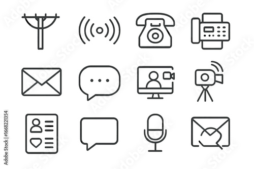Evolution of Communication. Outline icon set of timeline of online communication: telegram wire, radio wave,