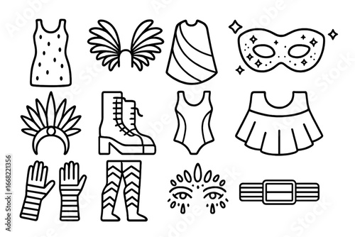 Pride Costume Icons. Outline icon set of pride parade costumes: sequin dress, feather wings, rainbow cape,