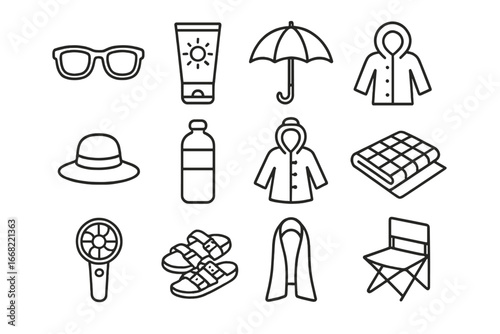 Pride Parade Essentials. Outline icon set of pride parade weather essentials: sunglasses, sunscreen, umbrella,