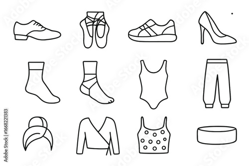 Dance Gear Icons. Outline icon set of dance shoes and attire: jazz shoes, ballet slippers, sneakers, heels,