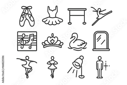 Ballet Icon Set. Outline icon set of ballet symbols: pointe shoes, tutu, bar, grand jeté, music sheet, tiara,
