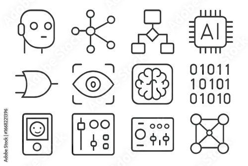 AI Icon Grid. Outline icon set of artificial intelligence systems: robot head, neural node, algorithm flow, AI
