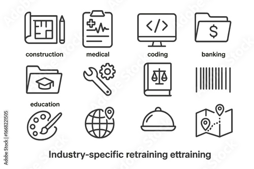 Industry Retraining Icons. Outline icon set of industry-specific retraining: construction plan, medical chart,
