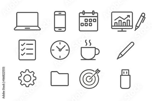 Productivity Tools Icons. Outline icon set of productivity tools: laptop, smartphone, calendar, chart,
