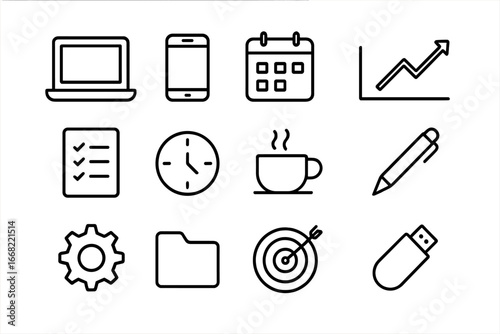 Productivity Tools Icons. Outline icon set of productivity tools: laptop, smartphone, calendar, chart,
