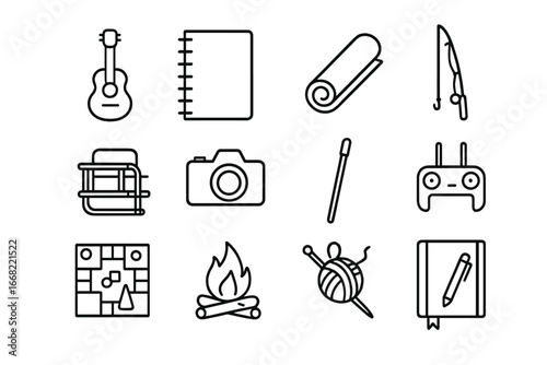 Van Life Icon Set. Outline icon set of van hobbies and activities: travel guitar, sketchbook, yoga mat,