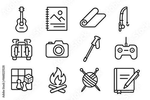 Van Life Icon Set. Outline icon set of van hobbies and activities: travel guitar, sketchbook, yoga mat,