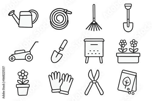 Garden Tools Icons. Outline icon set of garden and backyard tools: watering can, garden hose, rake, shovel,