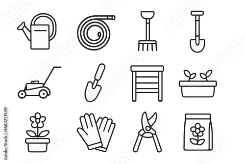 Garden Tools Icons. Outline icon set of garden and backyard tools: watering can, garden hose, rake, shovel,