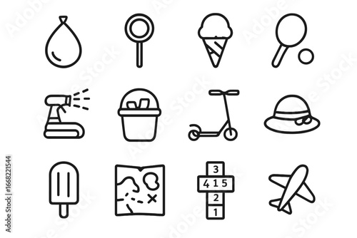 Kids Outdoor Fun Icons. Outline icon set of kids outdoor fun: water balloons, bubble wand, ice cream cone,