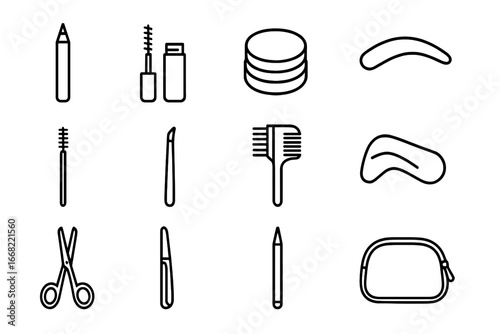 Professional Brow Kit Icons. Outline icon set of professional brow kit: eyebrow pencil, brow gel, brow pomade,