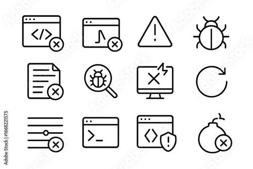 Programming Error Icons. Outline icon set of programming errors: syntax error, runtime error, warning triangle