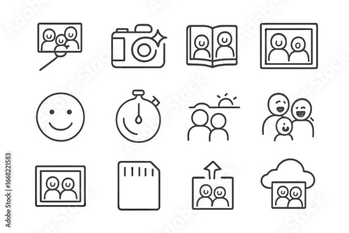 Family Photo Icons. Outline icon set of family photo moments: selfie stick, camera flash, photo album, group