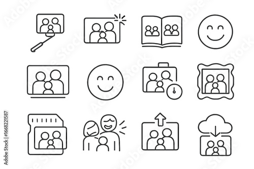 Family Photo Icons. Outline icon set of family photo moments: selfie stick, camera flash, photo album, group