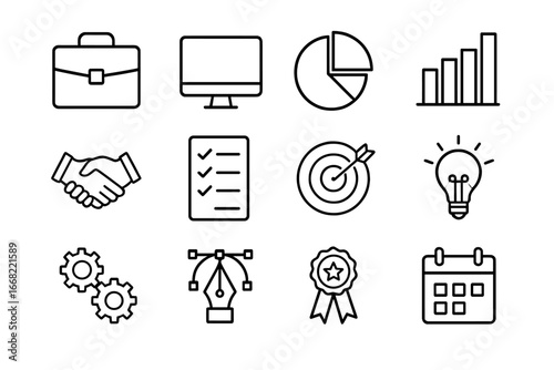 Professional Skill Icons. Outline icon set of professional skill development: briefcase, computer, pie chart,