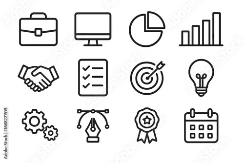 Professional Skill Icons. Outline icon set of professional skill development: briefcase, computer, pie chart,