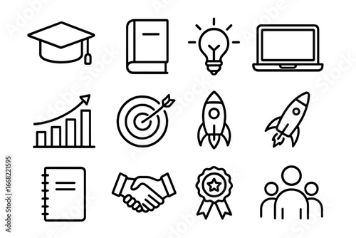 Professional Growth Icons. Outline icon set of professional growth in daily routine: graduation cap, book,