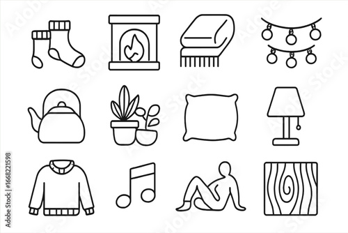 Hygge Lifestyle Icons. Outline icon set of hygge lifestyle at home: warm socks, fireplace, wool blanket, fairy