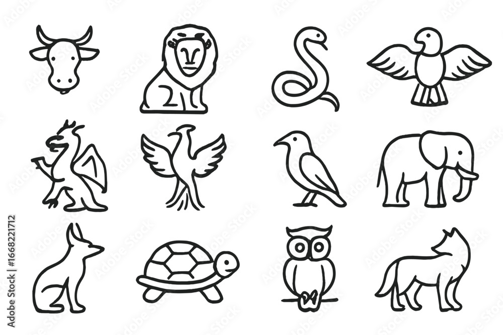 Obraz premium Mythical Animals Icon Set. Outline icon set of mythology and sacred animals: sacred cow, lion, snake, eagle,