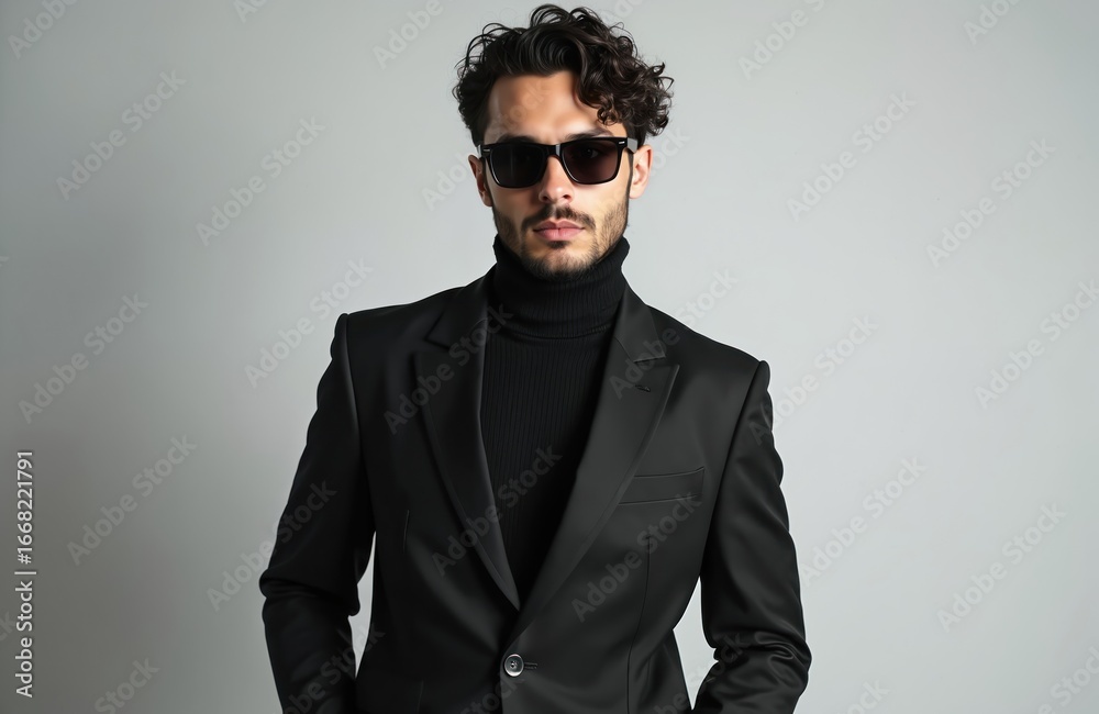 Obraz premium Serious man with beard wears sunglasses, black turtleneck, suit jacket. Confident male bodyguard stands with hands in pockets against grey studio background. Stylish, elegant look suggests