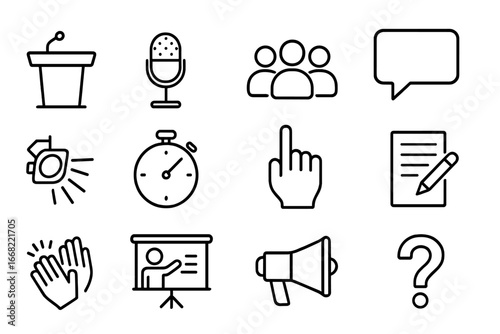 Public Speaking Icons. Outline icon set of Public speaking and dialogue: podium, microphone, audience, speech
