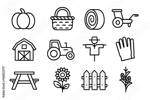 Pumpkin Patch Icons. Outline icon set of pumpkin patch trips: pumpkin, basket, hay bale, wheelbarrow, barn,