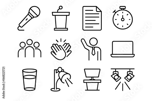 Public Speaking Icons. Outline icon set of professional public speaking: microphone, podium, speech notes,