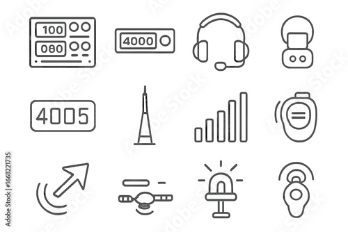 Flight Communication Icons. Outline icon set of flight communication systems: radio panel, transponder, ATC