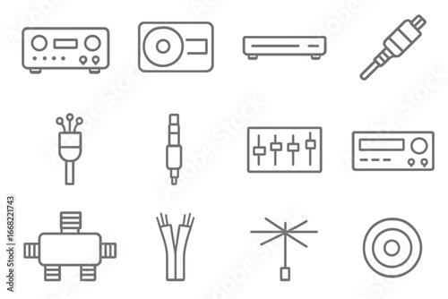 Audio Video Icons. Outline icon set of audio and video equipment: amplifier, CD player, Blu-ray player,