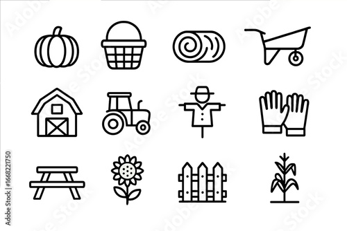 Pumpkin Patch Icons. Outline icon set of pumpkin patch trips: pumpkin, basket, hay bale, wheelbarrow, barn,