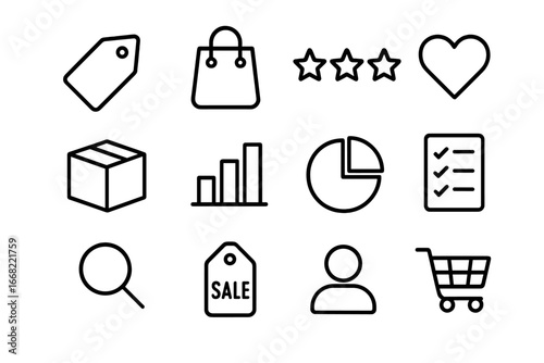 Purchase Decision Icons. Outline icon set of purchase decision factors: price tag, shopping bag, star rating,