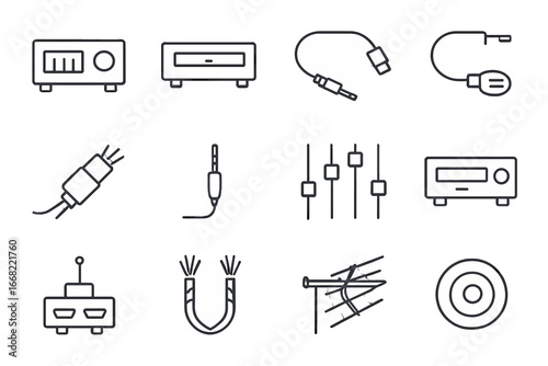 Audio Video Icons. Outline icon set of audio and video equipment: amplifier, CD player, Blu-ray player,
