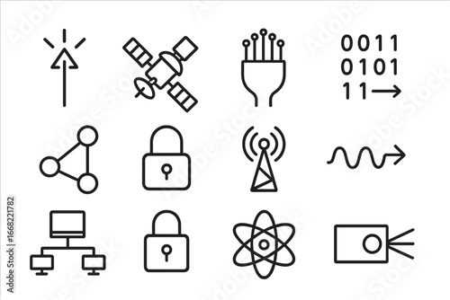 Quantum Communication Icons. Outline icon set of quantum communication: photon beam, satellite, fiber optic
