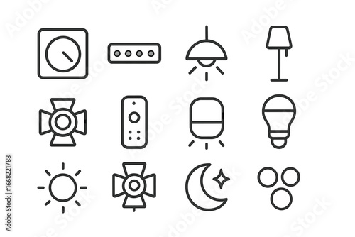 Movie Night Lighting Icons. Outline icon set of lighting for movie nights: dimmer switch, RGB strip, ceiling