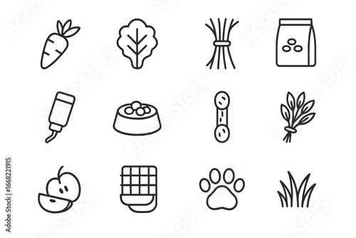 Rabbit Feeding Icons. Outline icon set of feeding rabbits: carrot, lettuce leaf, hay bundle, pellet bag, water