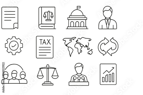 Trade Policy Icons Set. Outline icon set of trade policy discussions: policy paper, law book, government seal,