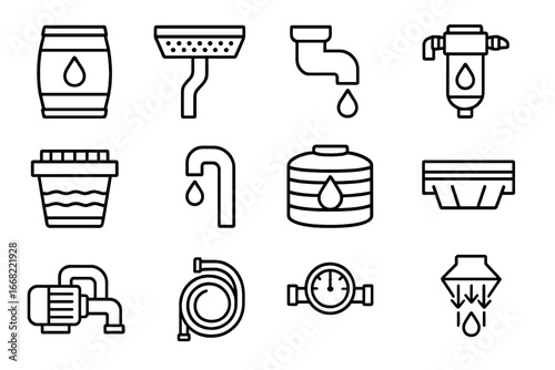 Rainwater System Icons. Outline icon set of rainwater harvesting and drainage: rain barrel, gutter guard,