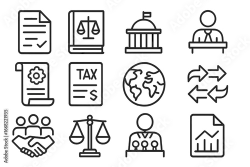 Trade Policy Icons Set. Outline icon set of trade policy discussions: policy paper, law book, government seal,