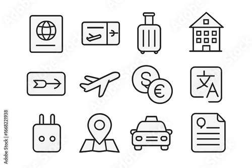 Business Travel Icons. Outline icon set of business travel for trade: passport, boarding pass, suitcase, hotel
