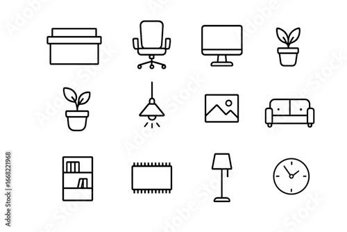 Reception Icons Grid. Outline icon set of modern reception areas: reception desk, office chair, computer,