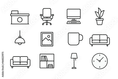 Reception Icons Grid. Outline icon set of modern reception areas: reception desk, office chair, computer,