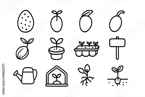 Exotic Seed Icons. Outline icon set of exotic fruit seeds and sprouts: dragon fruit seed, papaya seed, mango