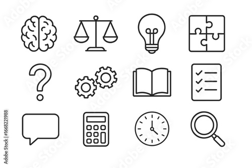 Reasoning Skills Icons. Outline icon set of reasoning skills: brain, scale, light bulb, puzzle pieces,