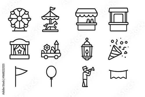 Regional Fair Icons. Outline icon set of regional fair attractions: ferris wheel, carousel, food stand, ticket