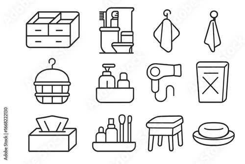 Bathroom Organization Icons. Outline icon set of bathroom tidying tips: drawer caddy, toothbrush holder,